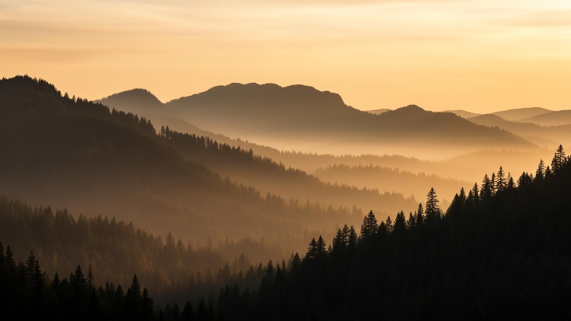 Misty national park ridgeline at sunset