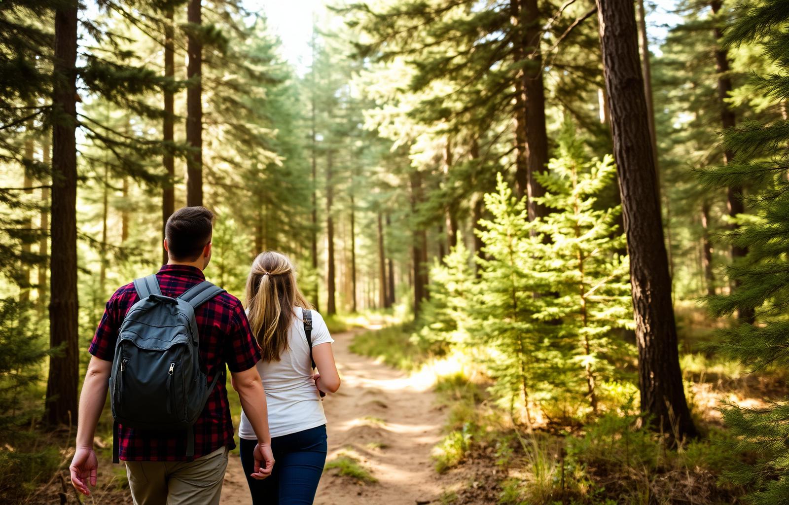 Hikers walking through pine forest